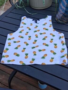 Forever 21 White Tank Top with Yellow Pineapple Print